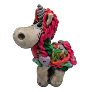 Custom OOAK Clay Unicorn Figurine Signed Whimsical Silver Colorful Mane